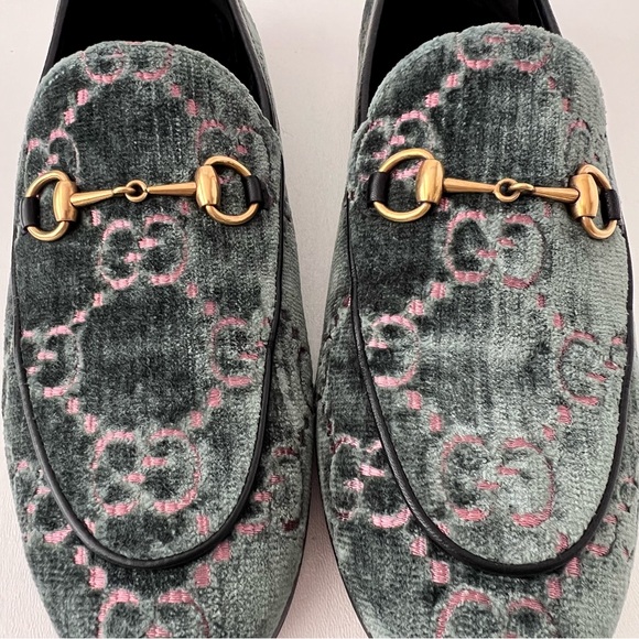 GUCCI | Jordaan Horsebit Velvet Monogram Loafers Flats Green Pink GG Logo US 9 - Picture 4 of 11